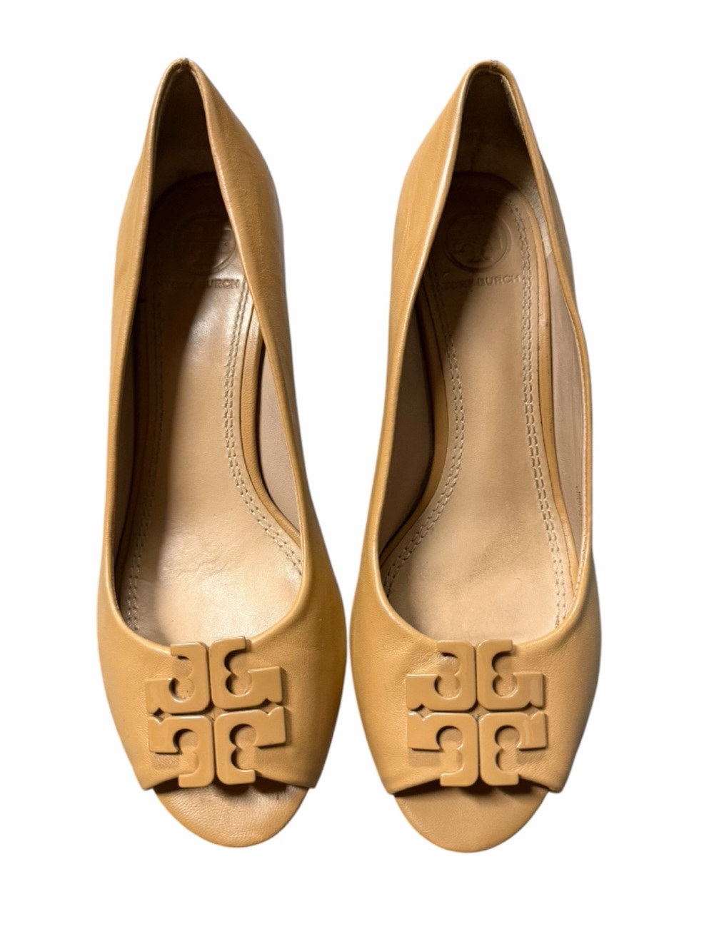 Tory Burch Lowell Peep-Toe Wedge Pumps Tan Leather Size 6.5